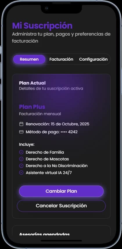 Mockups mobile view administración suscripción Legal Aid