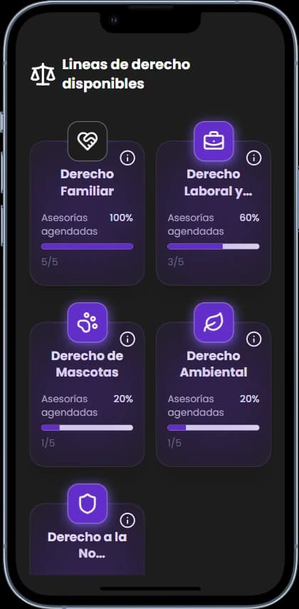 Mockups mobile view asesorias disponibles Legal Aid